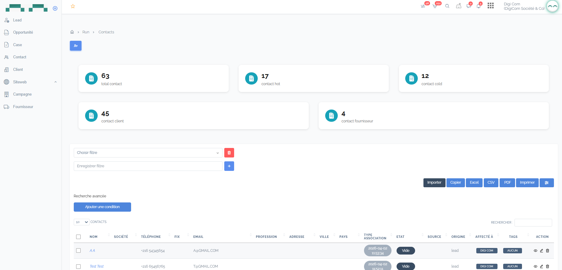 Gestion complète des contacts.